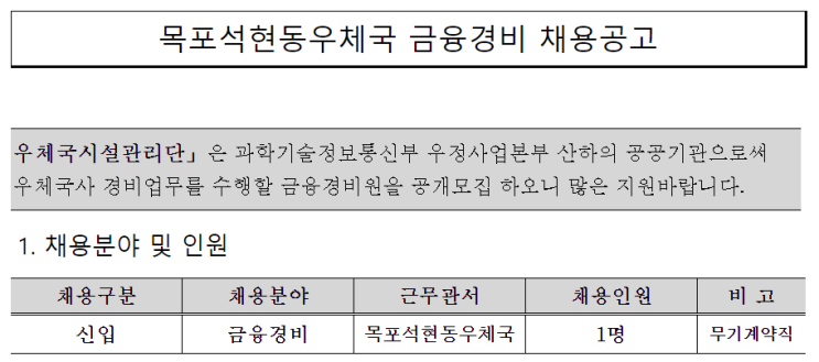  [채용][우체국시설관리단] 목포석현동우체국 금융경비 채용공고