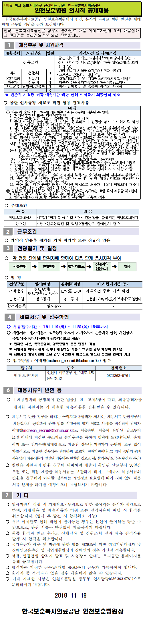 [채용][한국보훈복지의료공단] [인천보훈병원] 의사직 공개채용 공고