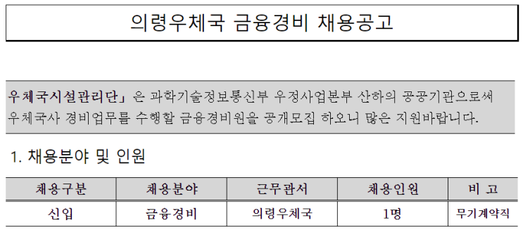  [채용][우체국시설관리단] 의령우체국 금융경비 채용공고