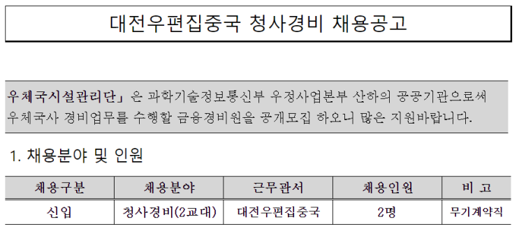[채용][우체국시설관리단] 대전우편집중국 청사경비 채용공고