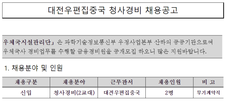  [채용][우체국시설관리단] 대전우편집중국 청사경비 채용공고