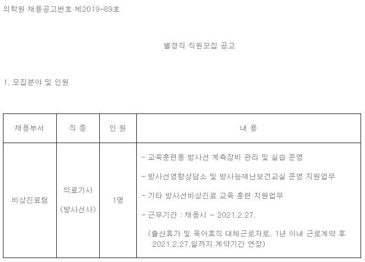  [채용][한국원자력의학원] 별정직 직원모집 공고(비상진료팀)