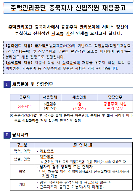  [채용][주택관리공단] 충북지사 신입직원 채용공고 - 기술직