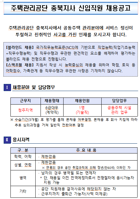 [채용][주택관리공단] 충북지사 신입직원 채용공고 - 기술직