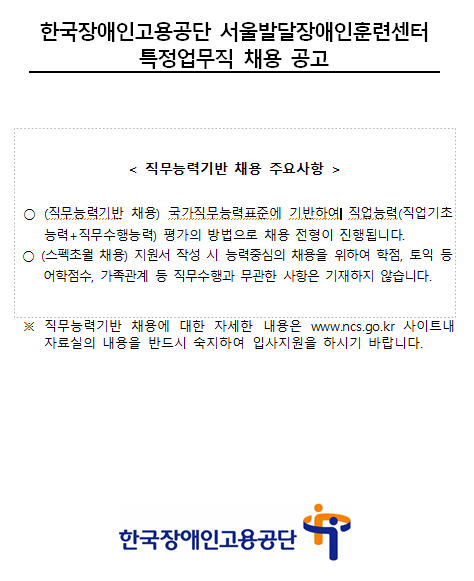 [채용][한국장애인고용공단] 서울발달장애인훈련센터 특정업무직(시설정비원,경비원)채용공고