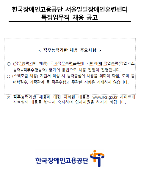  [채용][한국장애인고용공단] 서울발달장애인훈련센터 특정업무직(시설정비원,경비원)채용공고