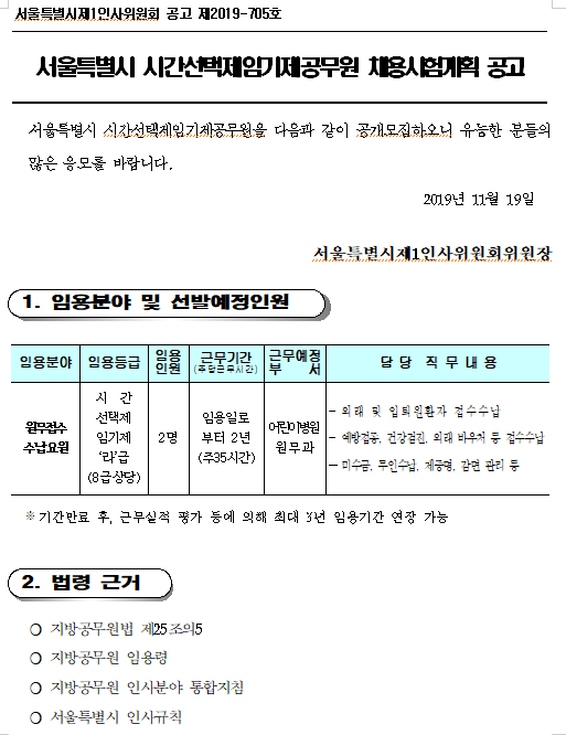  [채용][서울특별시] [서울특별시어린이병원]시간선택제임기제공무원(원무접수요원,라급) 채용시험계획 공고