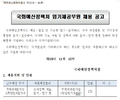  [채용][국회예산정책처] 임기제공무원 채용 공고