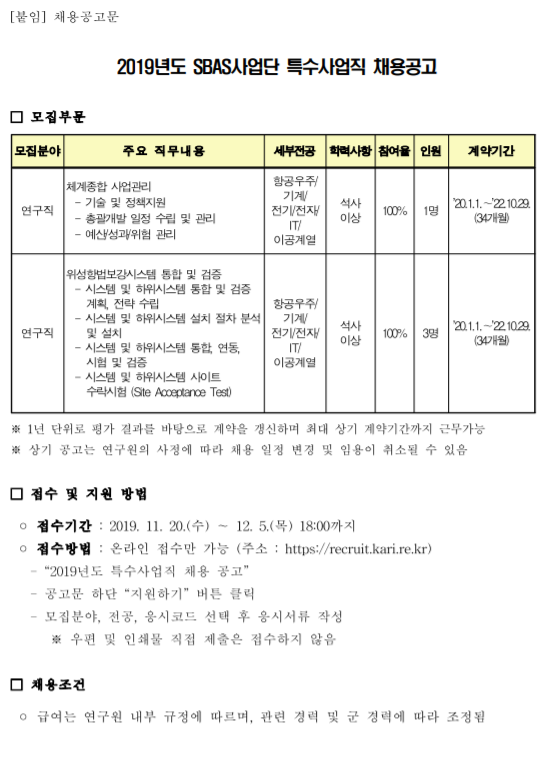  [채용][한국항공우주연구원] 2019년도 SBAS사업단 특수사업직 채용 공고