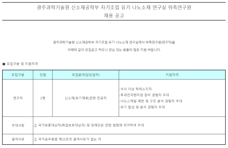  [채용][광주과학기술원] 신소재공학부 자기조립 유기 나노소재 연구실 위촉연구원 채용공고