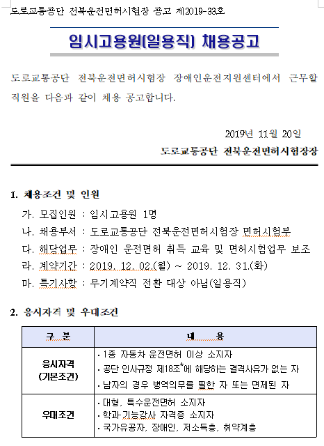  [채용][도로교통공단] [전북시험장] 임시고용원(일용직) 채용 공고