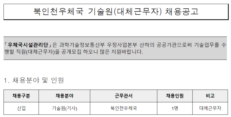  [채용][우체국시설관리단] 북인천우체국 기술원(대체근무자) 채용공고