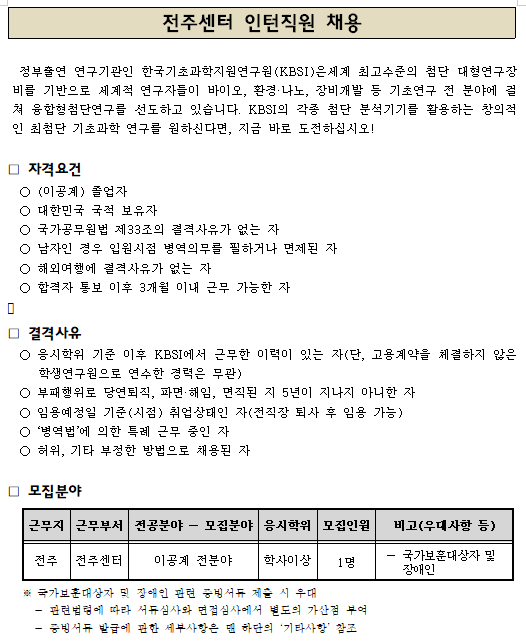[채용][한국기초과학지원연구원] 전주센터 인턴직원 채용