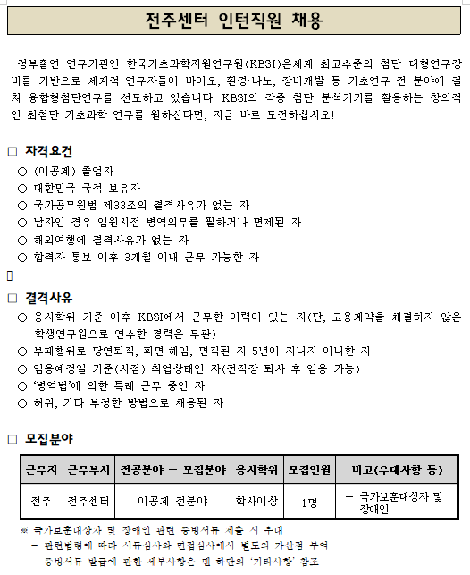  [채용][한국기초과학지원연구원] 전주센터 인턴직원 채용