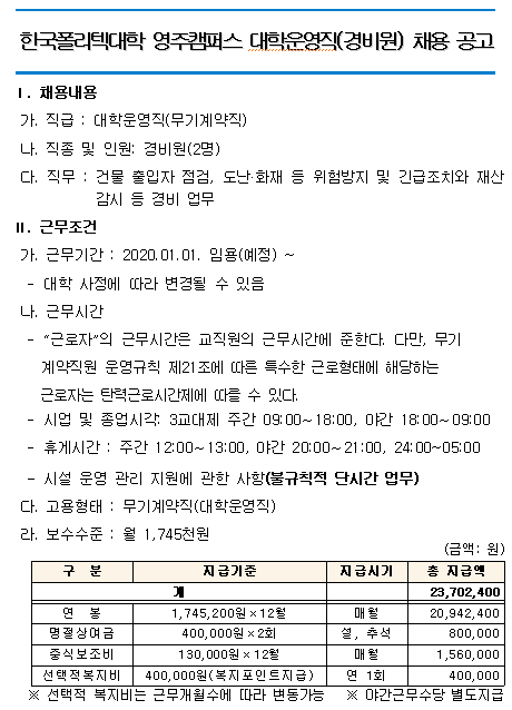  [채용][한국폴리텍대학 영주캠퍼스] 무기계약직원(경비원) 모집 공고