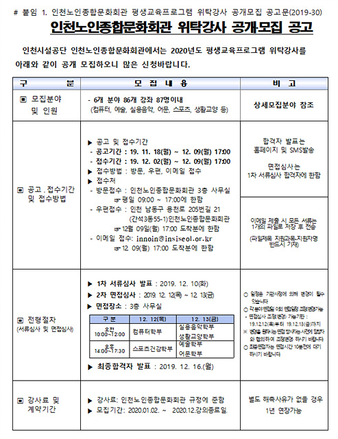  [채용][인천노인종합문화회관] 평생교육프로그램 위탁강사 공개모집
