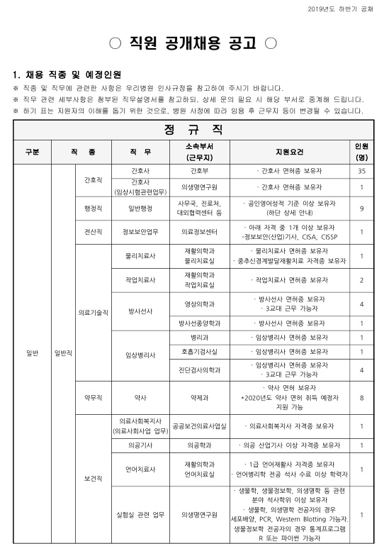  [채용][강원대학교병원] 2019년 하반기 직원 채용