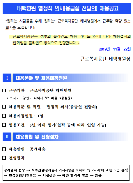  [채용][근로복지공단] [태백병원] 별정직 의사(응급실 전담의) 신규채용 공고