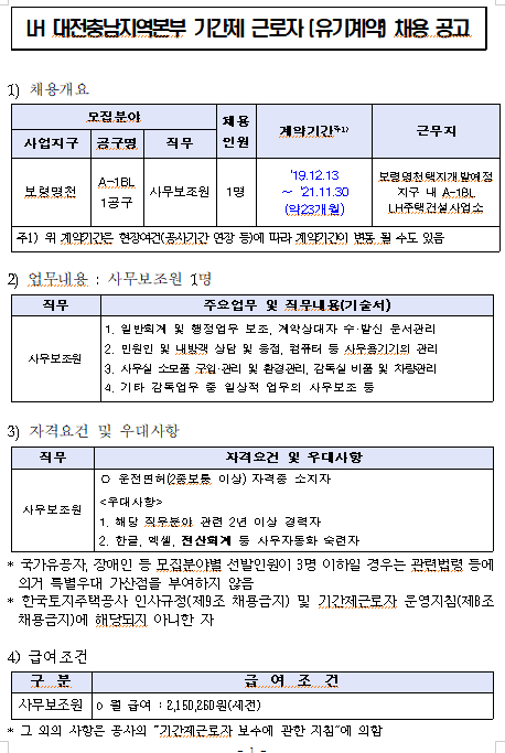 [채용][한국토지주택공사] LH 대전충남지역본부 기간제근로자(유기계약) 채용 공고