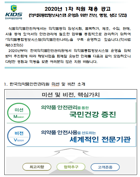 [채용][한국의약품안전관리원] 2020년 1차 직원 채용 공고