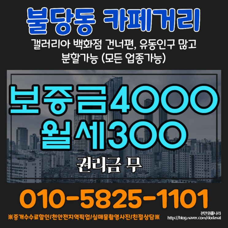  천안 불당동 상가 카페거리 메인골목 1층 권리금 없어요