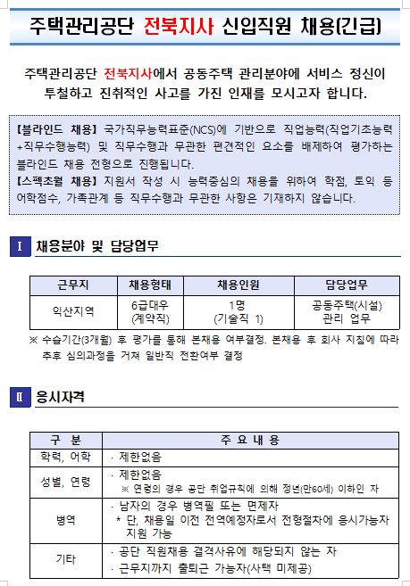 [채용][주택관리공단] 전북지사(익산권) 신입직원(기술) 채용 공고(긴급)