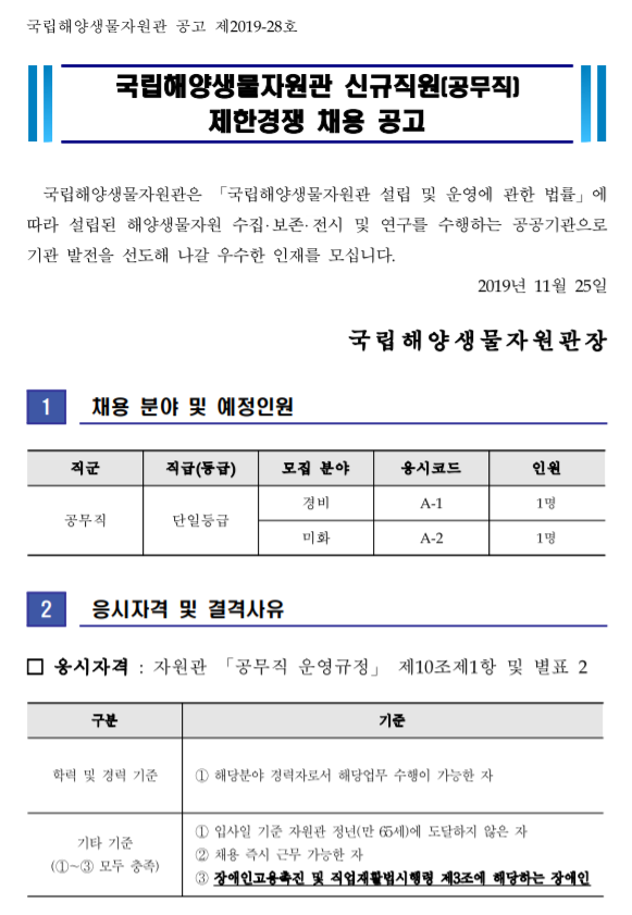  [채용][국립해양생물자원관] (공고 제2019-28호) 공무직 직원 제한경쟁 채용 공고