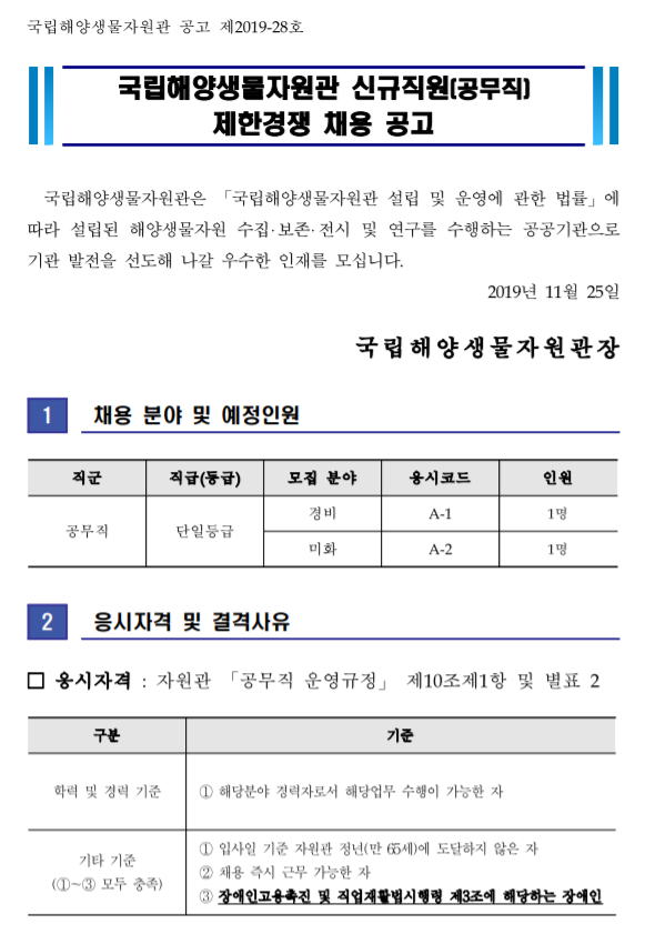 [채용][국립해양생물자원관] (공고 제2019-28호) 공무직 직원 제한경쟁 채용 공고