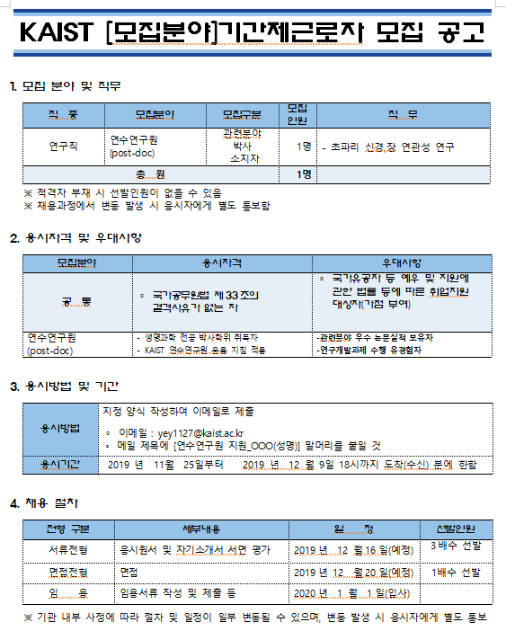  [채용][한국과학기술원] KAIST [모집분야]기간제근로자 모집 공고
