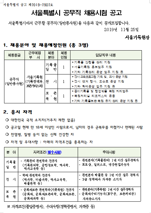 [채용][서울특별시] 공무직(일반종사원) 채용시험 수정공고