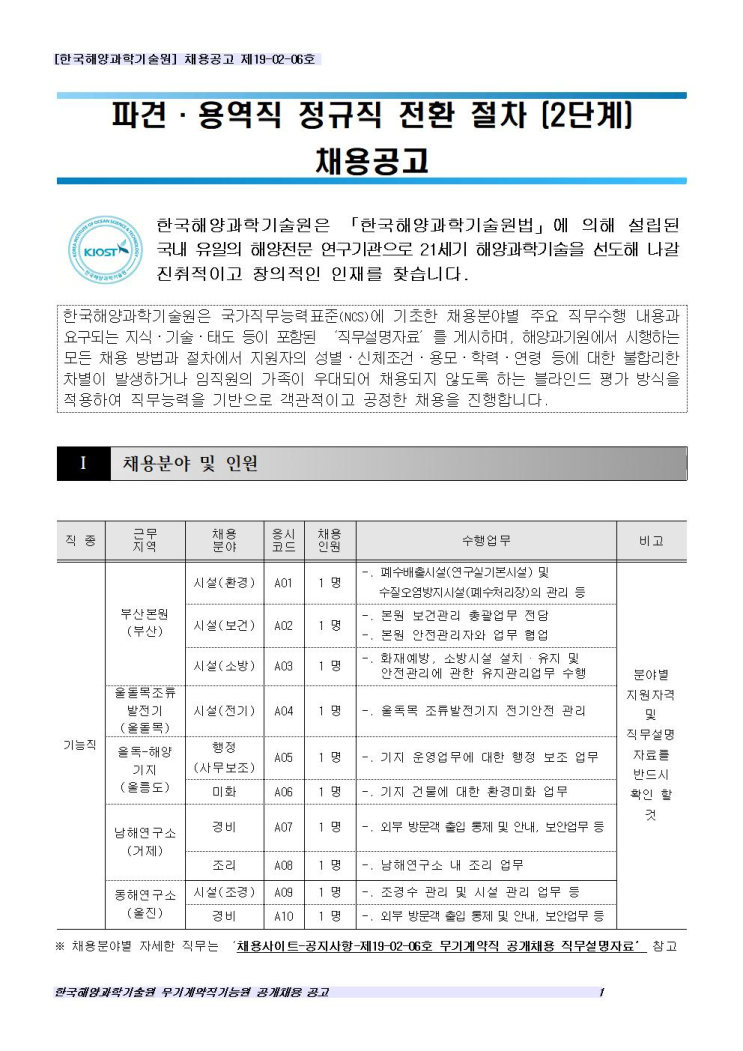  [채용][한국해양과학기술원](제19-02-06호) 파견 용역직 정규직 전환(2단계) 공개채용