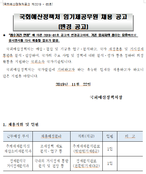 [채용][국회예산정책처] 임기제공무원 채용 공고(변경 공고)
