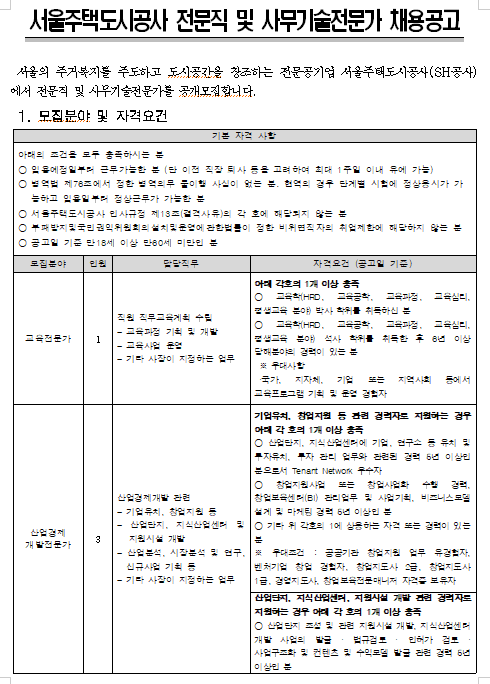  [채용][서울주택도시공사] 전문직 및 사무기술전문가 채용공고