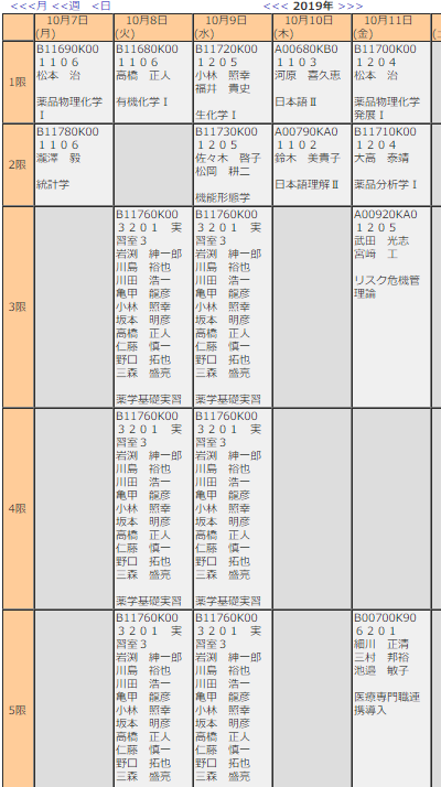  1학년 2학기 시간표 - 치바과학대학 약학과