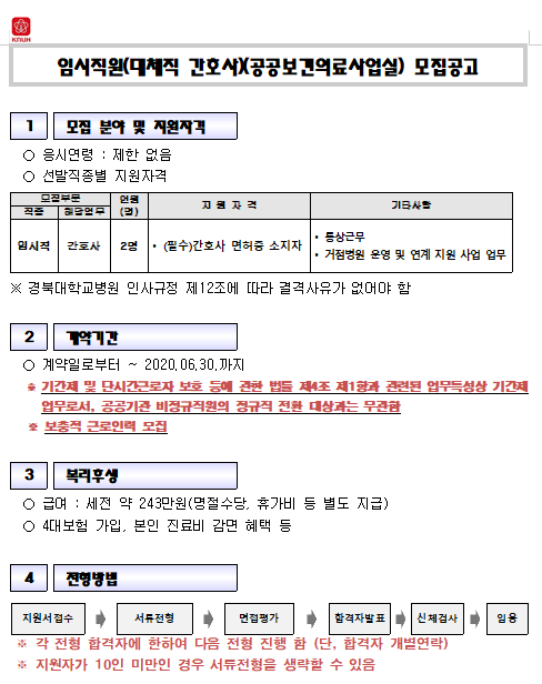  [채용][경북대학교병원] 임시직원(대체직 간호사)(공공보건의료사업실) 모집공고