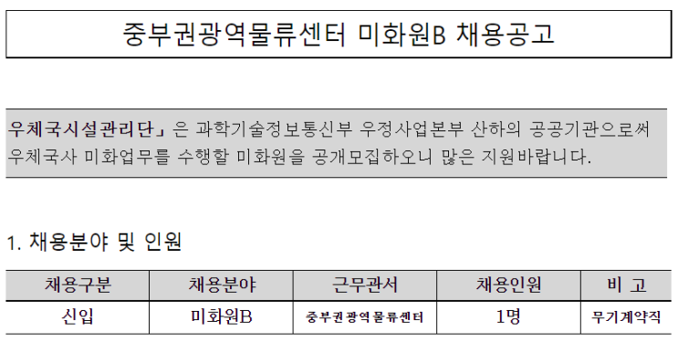  [채용][우체국시설관리단] 중부권광역물류센터 미화원B 채용공고