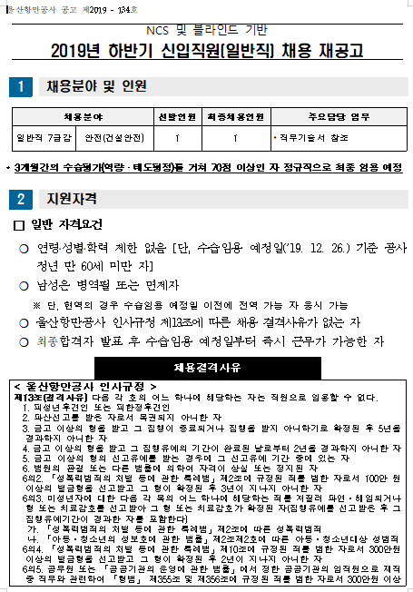  [채용][울산항만공사] 2019년 하반기 신입직원(일반직-건설안전) 채용 재공고