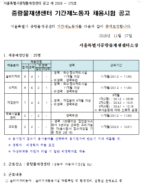  [채용][서울특별시] 중랑물재생센터 기간제노동자 채용 공고