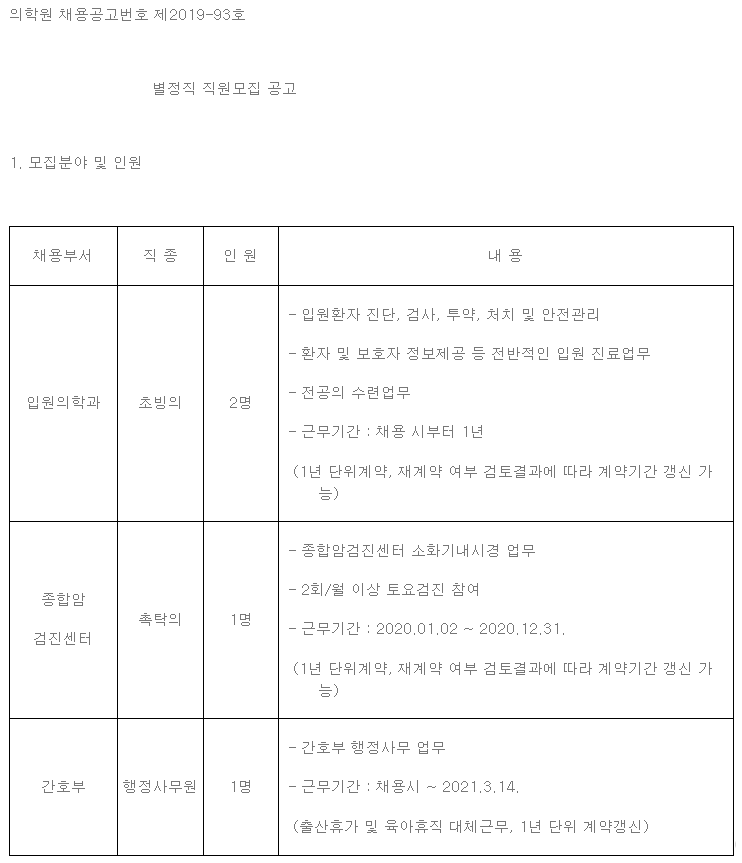  [채용][한국원자력의학원] 별정직 직원모집 공고(입원의학과 종합암검진센터 간호부)