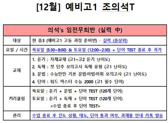  12월 예비고1 임전무퇴반 시간 / 커리큘럼