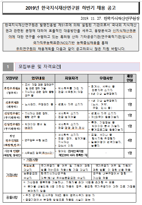 [채용][한국지식재산연구원] 하반기 채용 공고