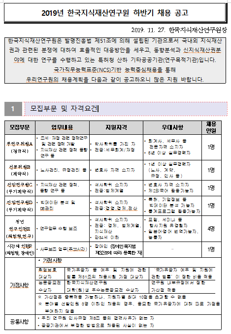  [채용][한국지식재산연구원] 하반기 채용 공고