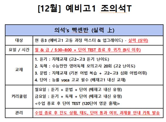  12월 예비고1 빡센반 시간 / 커리큘럼