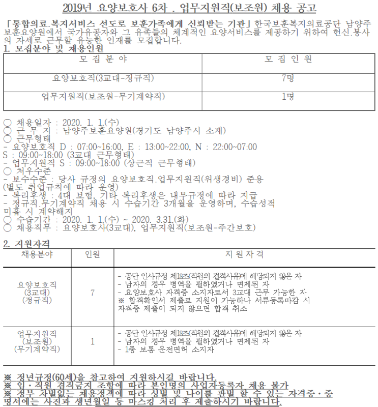  [채용][한국보훈복지의료공단] [남양주보훈요양원] 요양보호사 6차 * 업무지원직(보조원) 채용 공고