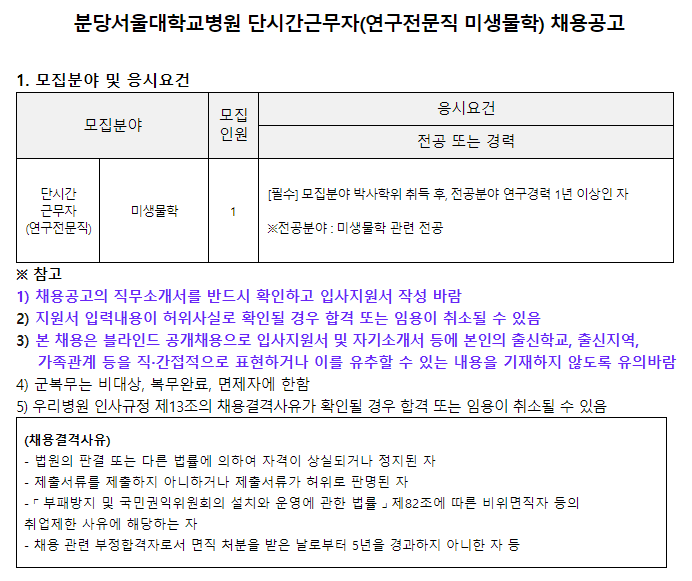  [채용][분당서울대학교병원] 단시간근무자(연구전문직 미생물학) 채용공고