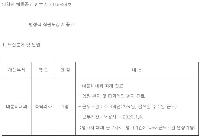  [채용][한국원자력의학원] 별정직 직원모집 재공고(내분비내과)