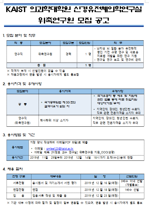 [채용][한국과학기술원] KAIST 의과학대학원 신경유전체의학연구실 위촉연구원 모집 공고