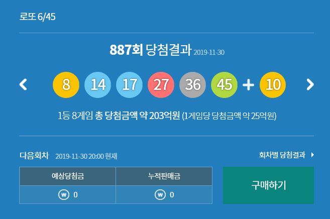  887회 로또 1등 당첨번호!!