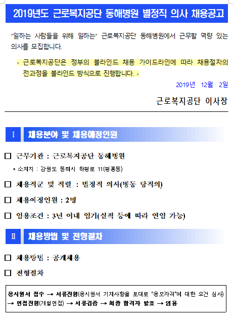  [채용][근로복지공단] [동해병원] 별정직 의사(병동당직 전담의) 신규채용 공고