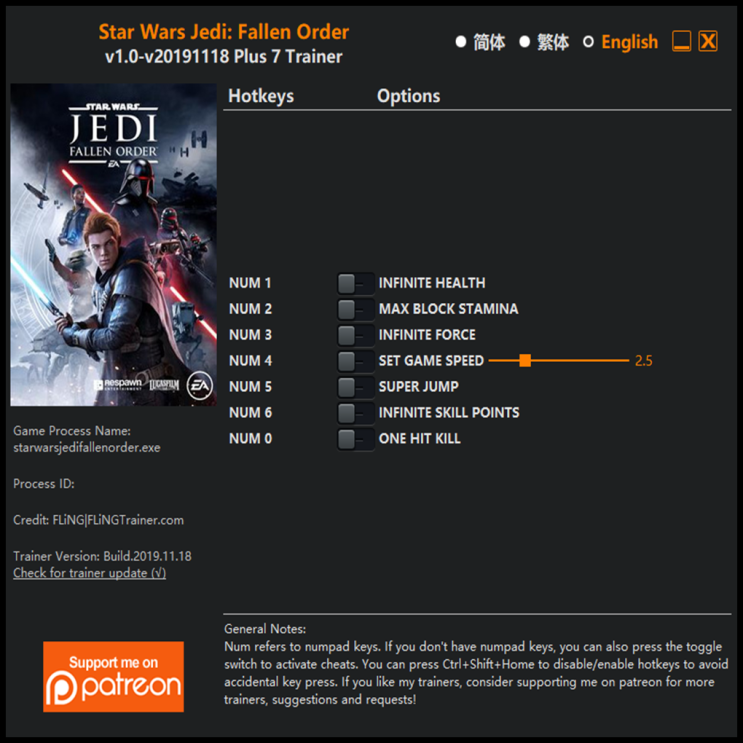  191119 스타워즈 제다이 오더의 몰락 트레이너 (Star Wars Jedi Fallen Order Trainer v1.0 +7)3DM